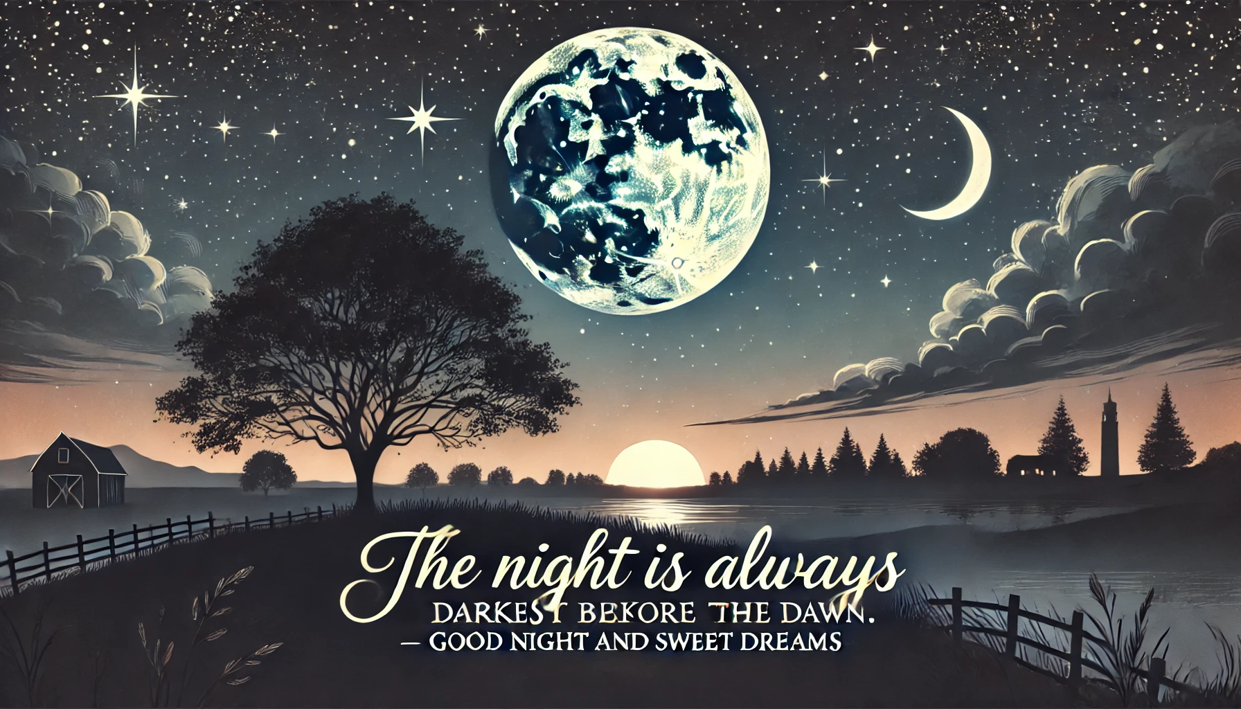 dall·e 2024 07 03 210239 a serene night sky with a full moon and stars shining brightly in the foreground theres a silhouette of a tree and a peaceful landscape the scene