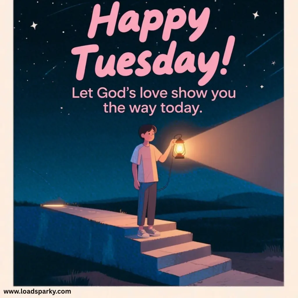 A boy holding a lantern walks down a stone path under a starry sky with the text Happy Tuesday! Let God’s love show you the way today.