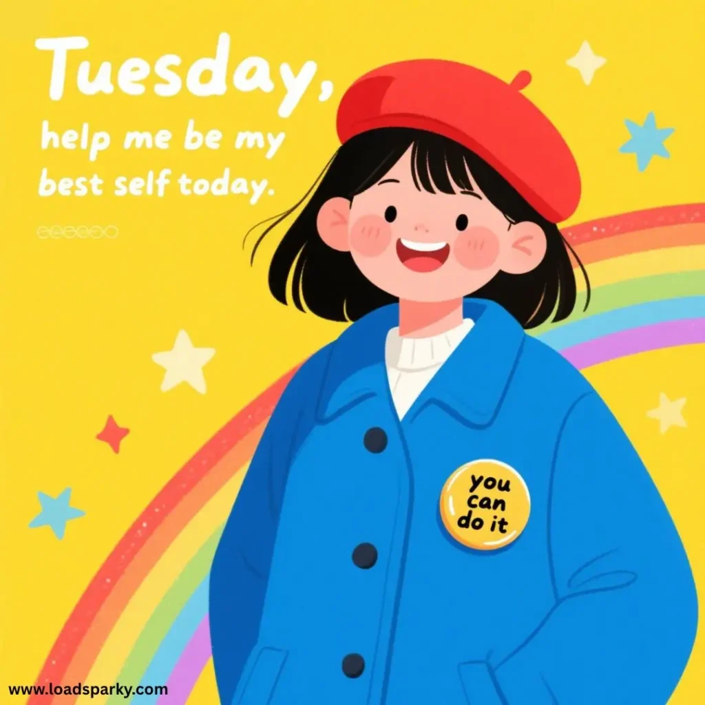A cartoon girl wearing a blue coat and red beret stands against a bright yellow background with stars and a rainbow, inspired by positivity.