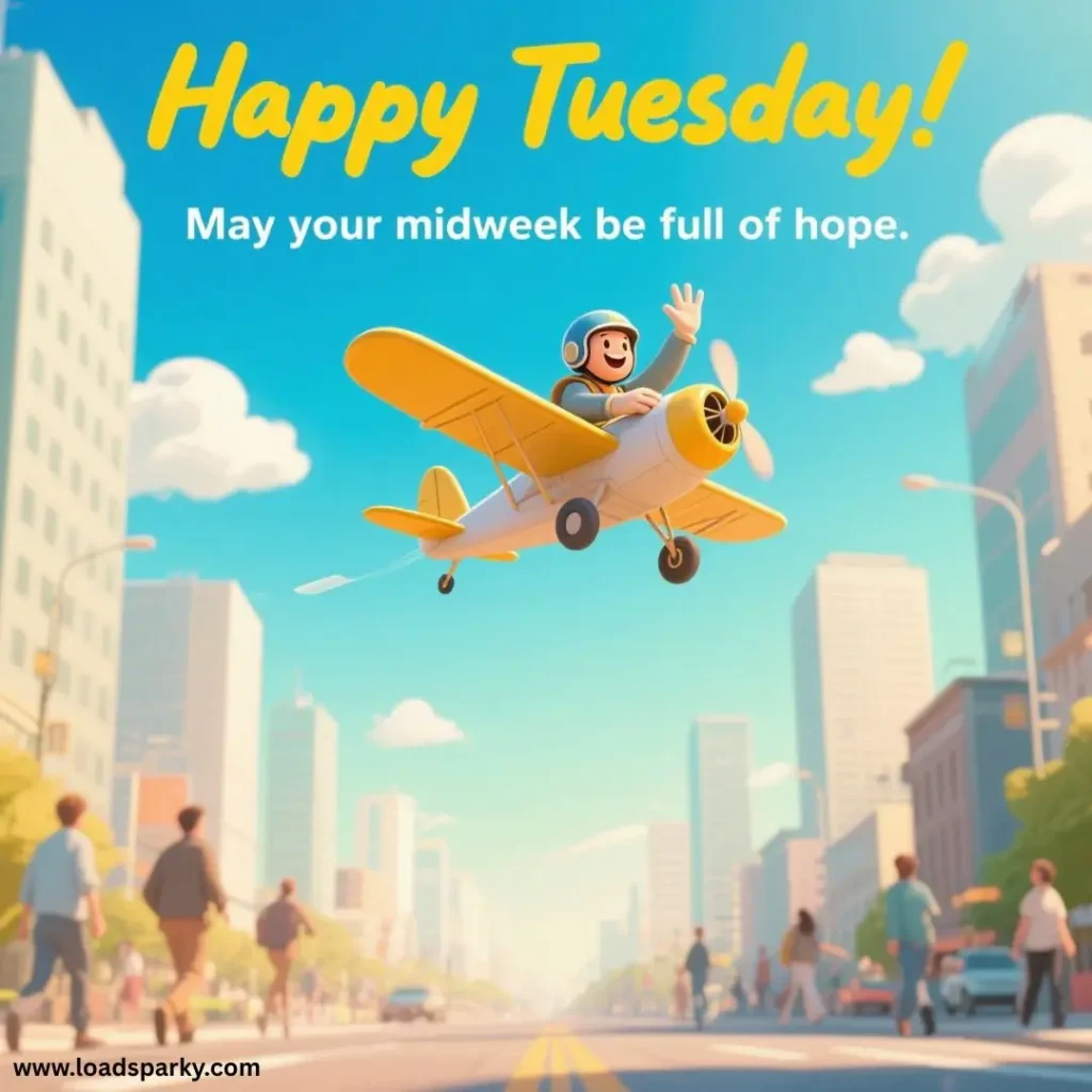 A cheerful cartoon character flies a yellow toy plane high above a city street, wishing viewers a hopeful Tuesday.
