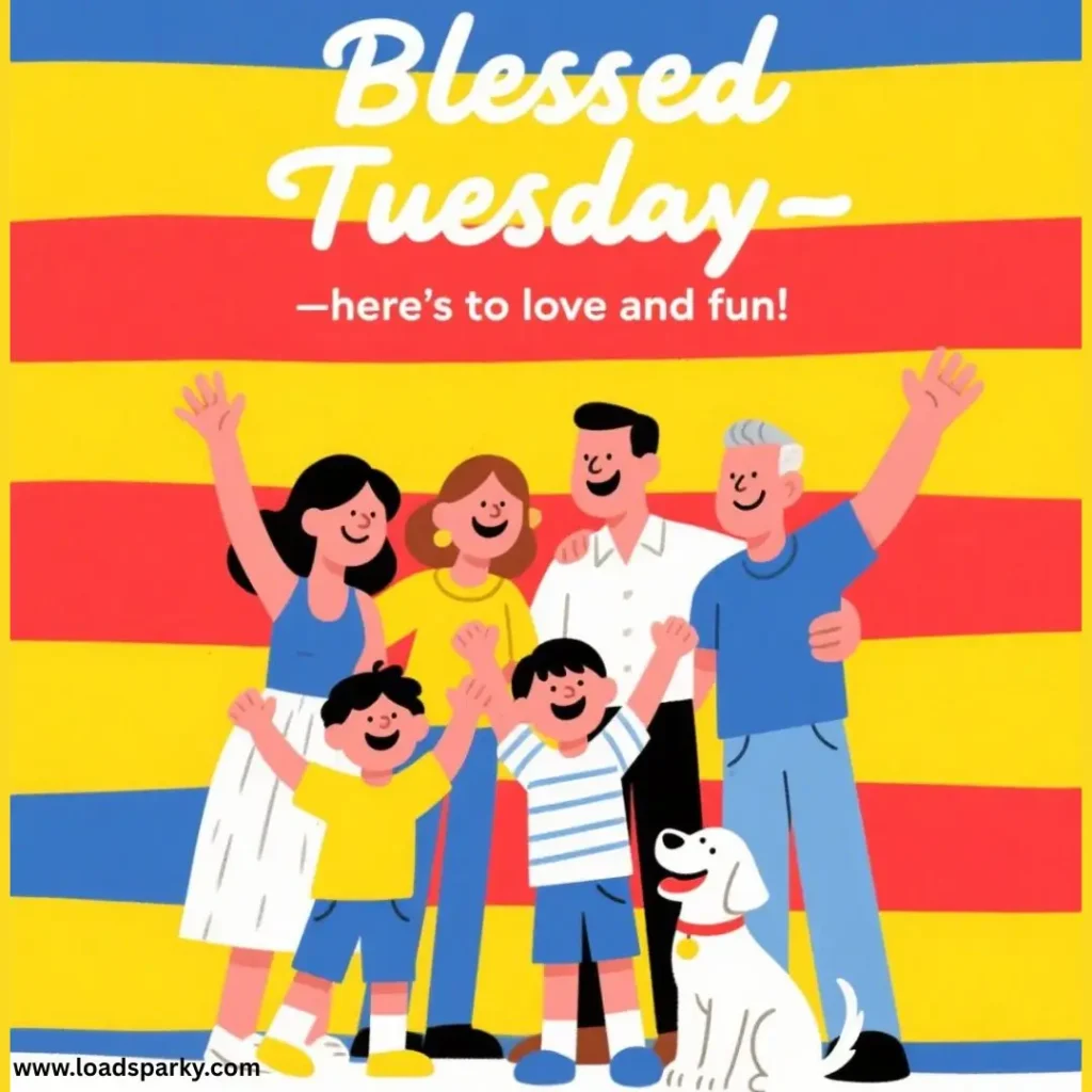A cheerful family of five with a dog enjoys a vibrant, colorful background, celebrating Blessed Tuesday with smiles and enthusiasm.