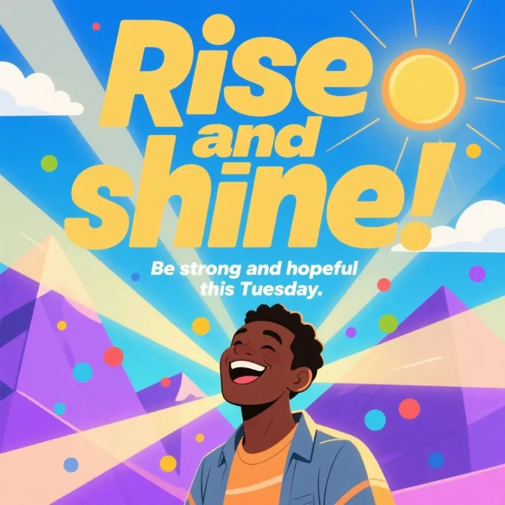 A cheerful illustration features a young person in a colorful landscape with mountains and a bright sun, conveying positivity and hope.