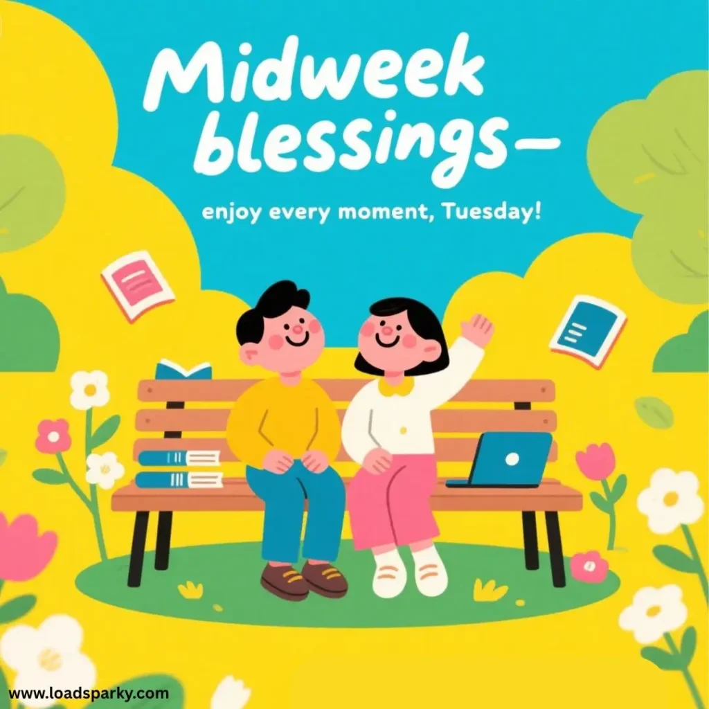 A cheerful illustration of two people sitting on a bench, surrounded by flowers and books, celebrating Tuesday with a message of joy.