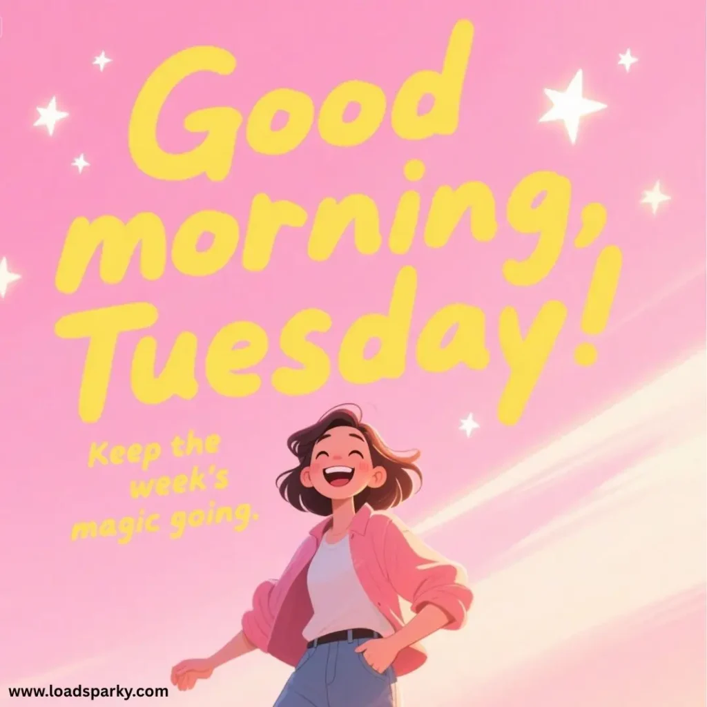 A cheerful illustration with a pink background features the text Good morning, Tuesday! and Keep the week's magic going in bright yellow.