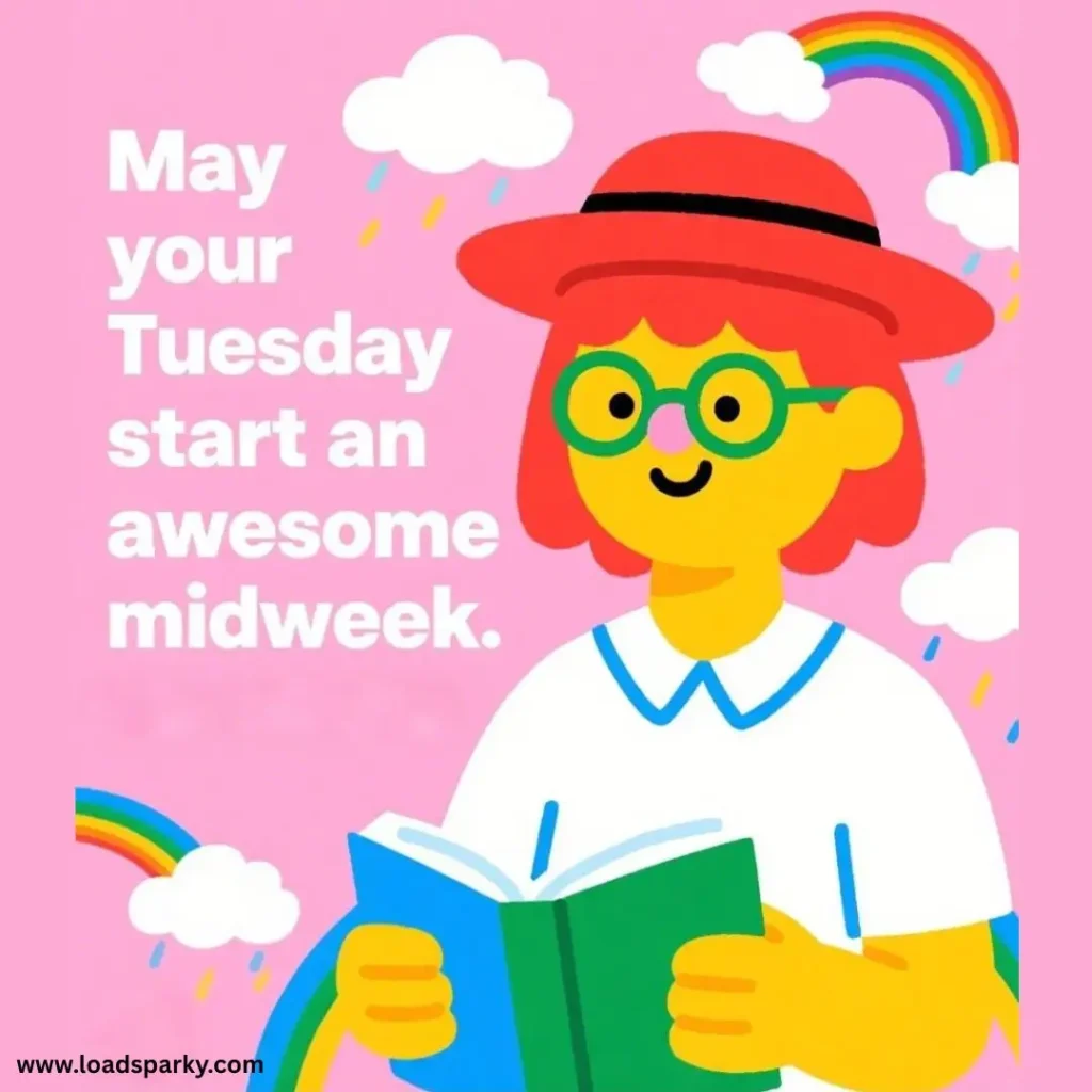 A cheerful person with red hair and glasses holds a book, surrounded by rainbows and clouds, wishing for an awesome Tuesday.