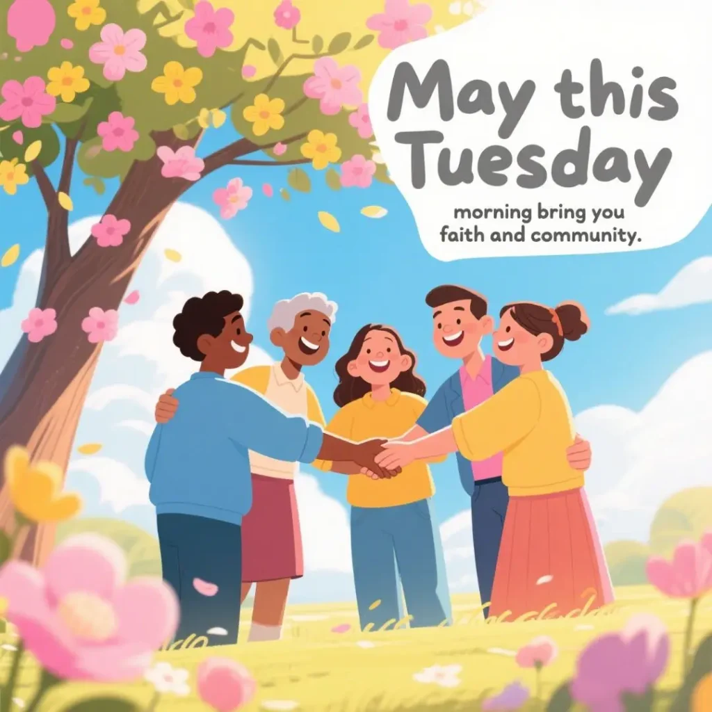 A diverse group of friends stands together, smiling and holding hands, surrounded by blooming flowers under a blue sky.