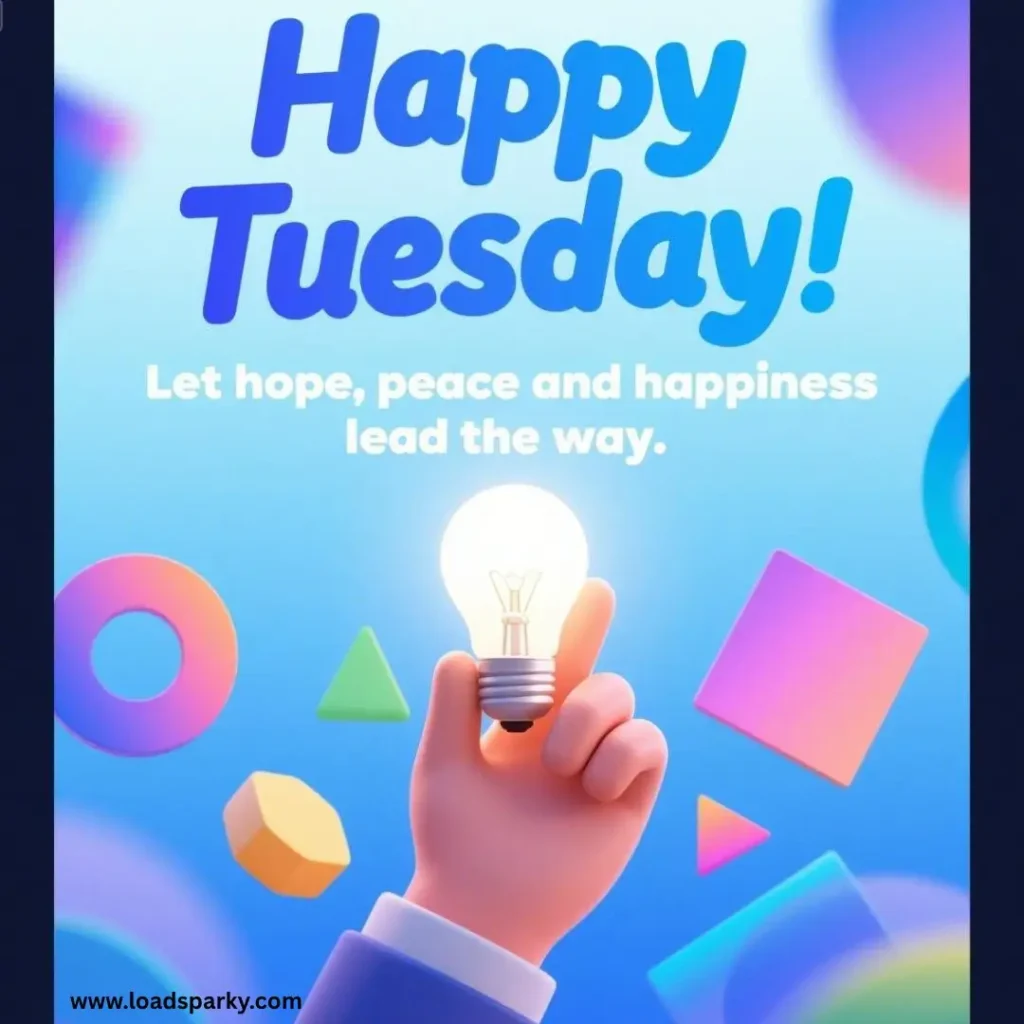 A hand holds a glowing light bulb against a colorful background that wishes viewers a Happy Tuesday! with an uplifting message.
