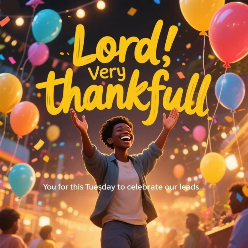 A joyful celebration scene with colorful balloons and lights, conveying gratitude and festivity. The atmosphere is vibrant and festive.