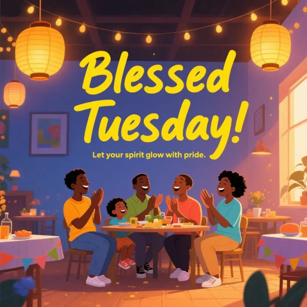 A joyful family gathering around a table, celebrating together with food and drinks in a warmly lit room decorated with lanterns.