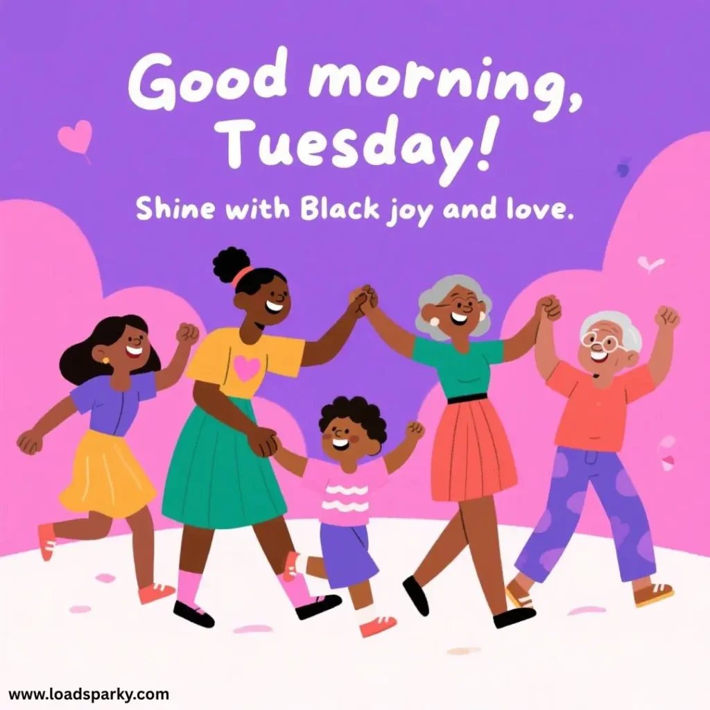 A joyful multigenerational group of Black women and a boy celebrates Tuesday with bright colors and uplifting messages of love.