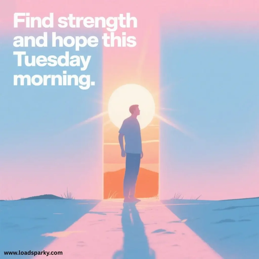 A silhouette of a person stands before a glowing sunrise, with the phrase Find strength and hope this Tuesday morning above.