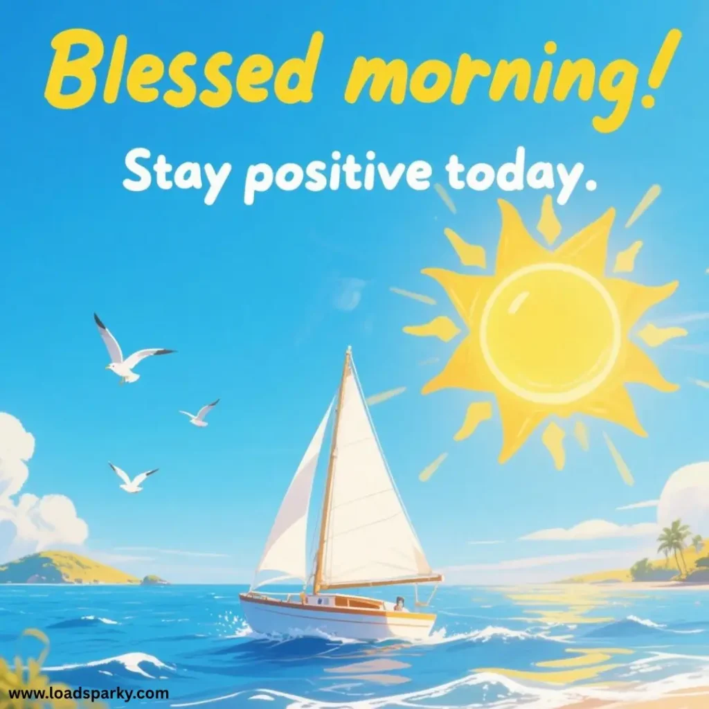 A sunny morning scene with a sailboat on blue water, surrounded by birds and a bright sun, featuring uplifting text Blessed morning! Stay positive today.