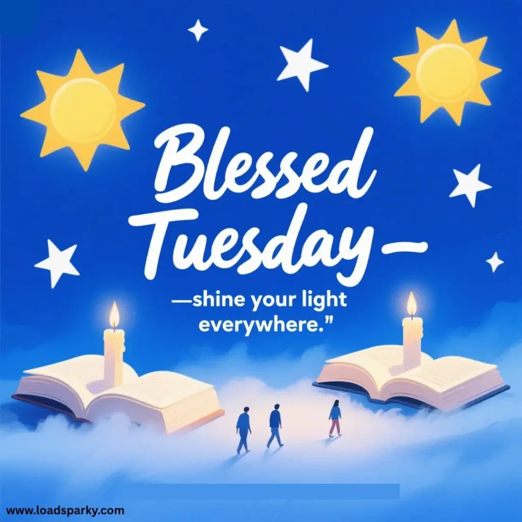A vibrant blue background with two suns, open books, and candles. The text reads, Blessed Tuesday – shine your light everywhere.