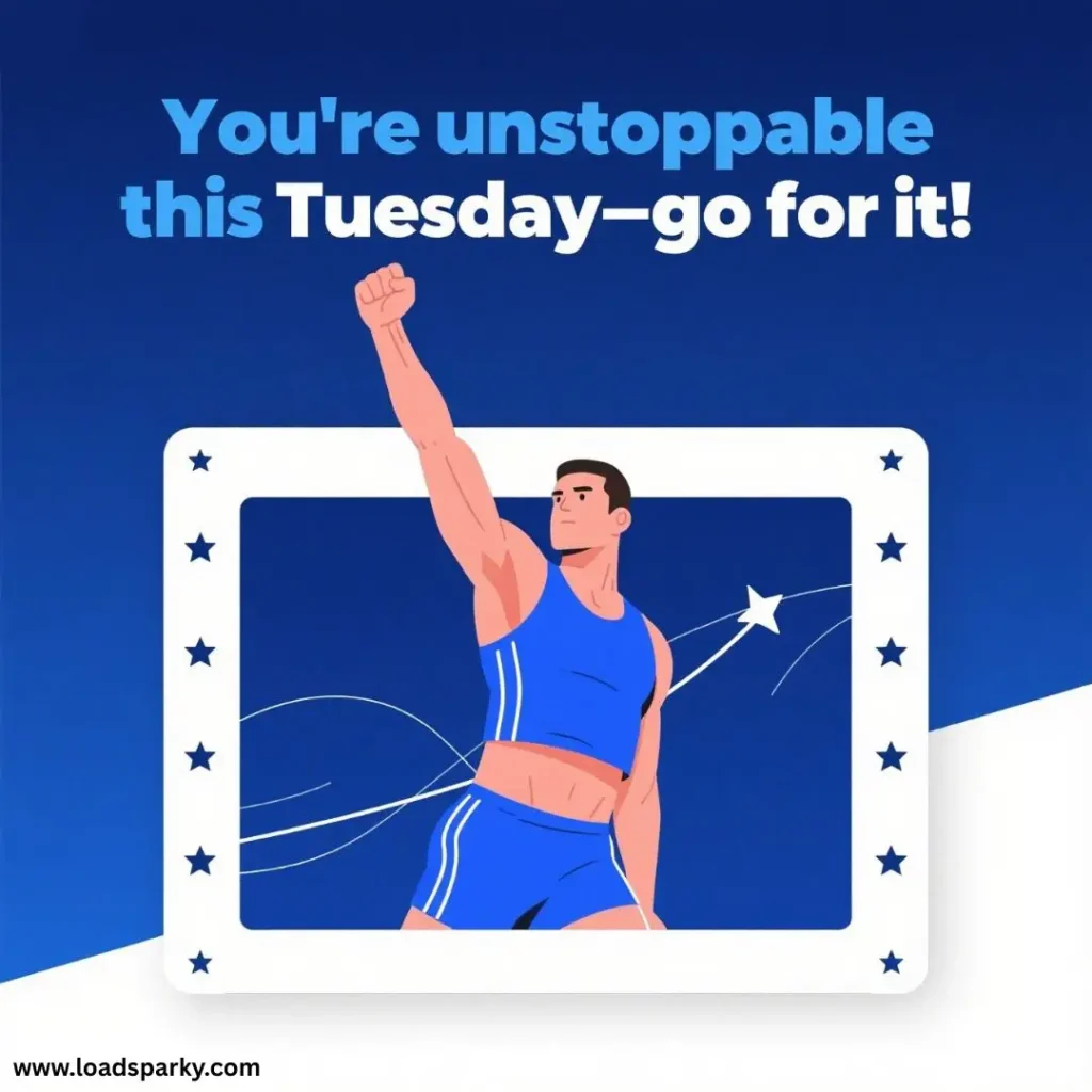 An athlete in a blue sports outfit raises a fist triumphantly against a blue background, with motivational text above.