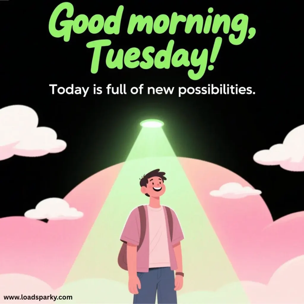 Cheerful illustration of a young man smiling under a spotlight, with clouds and text saying, Good morning, Tuesday! promoting positivity.