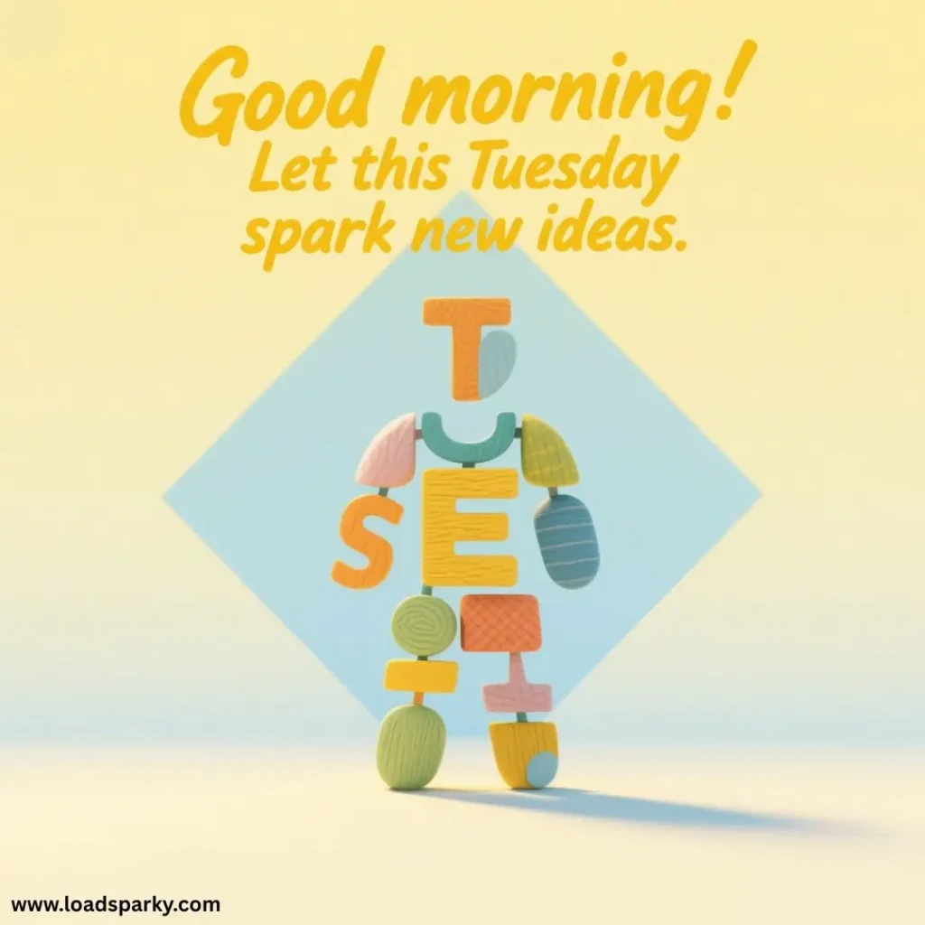 Colorful wooden blocks form the word TUES with Good morning! Let this Tuesday spark new ideas above on a pale background.