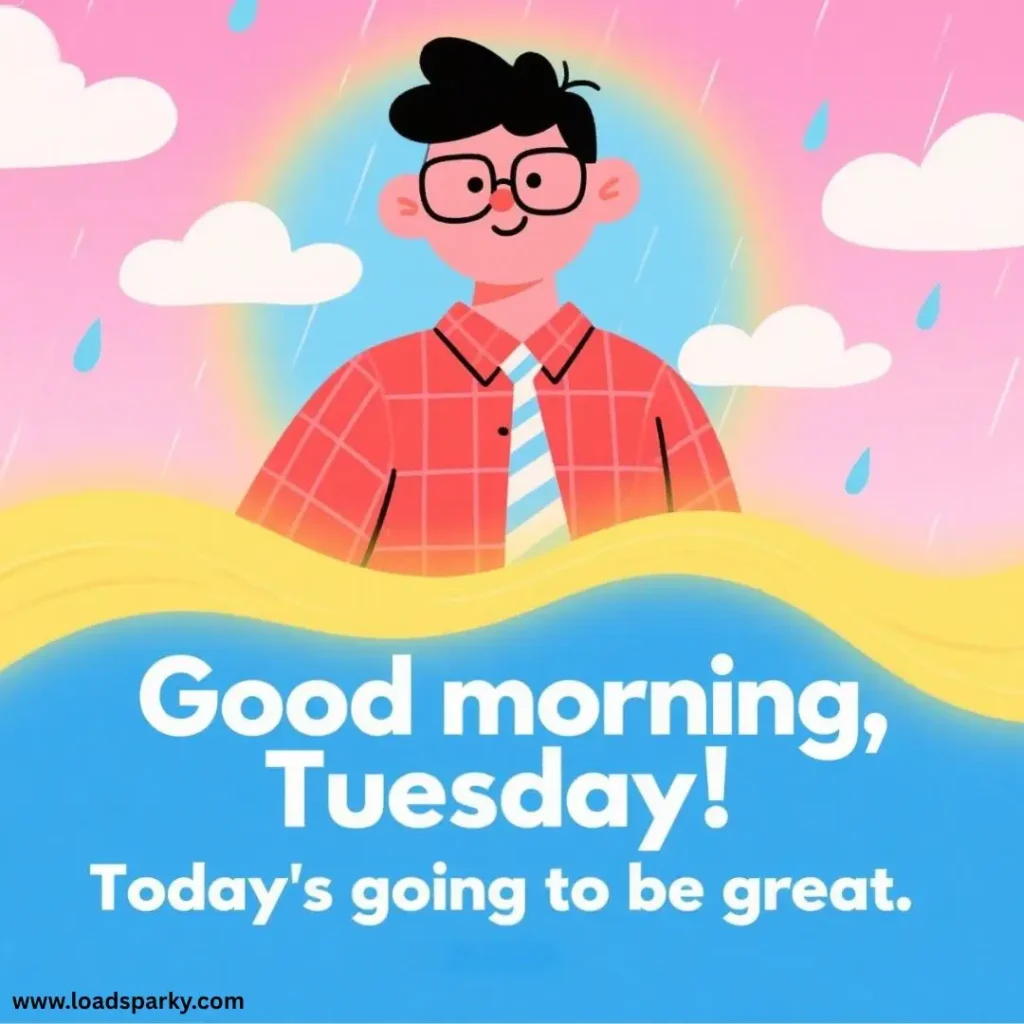 Illustration of a smiling young man in glasses, greeting Tuesday with a positive message against a colorful, cloudy background.