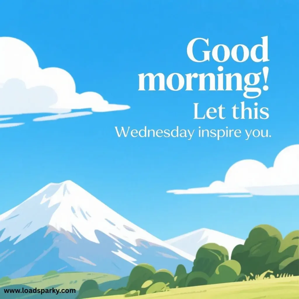 A bright landscape featuring mountains and a clear blue sky, with text encouraging a positive start to Wednesday.