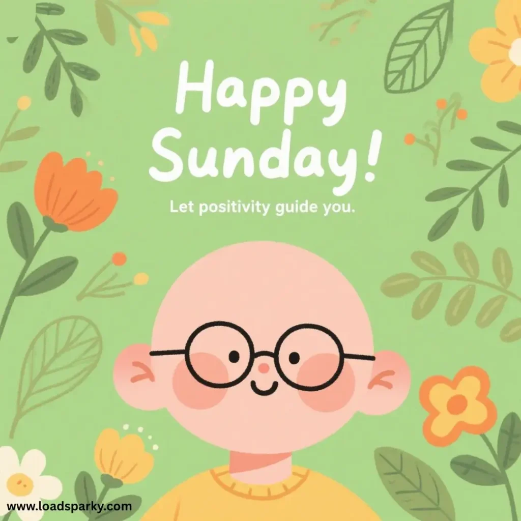 A cheerful, bald child in glasses smiles against a green background with flowers, accompanied by the text Happy Sunday! Let positivity guide you.