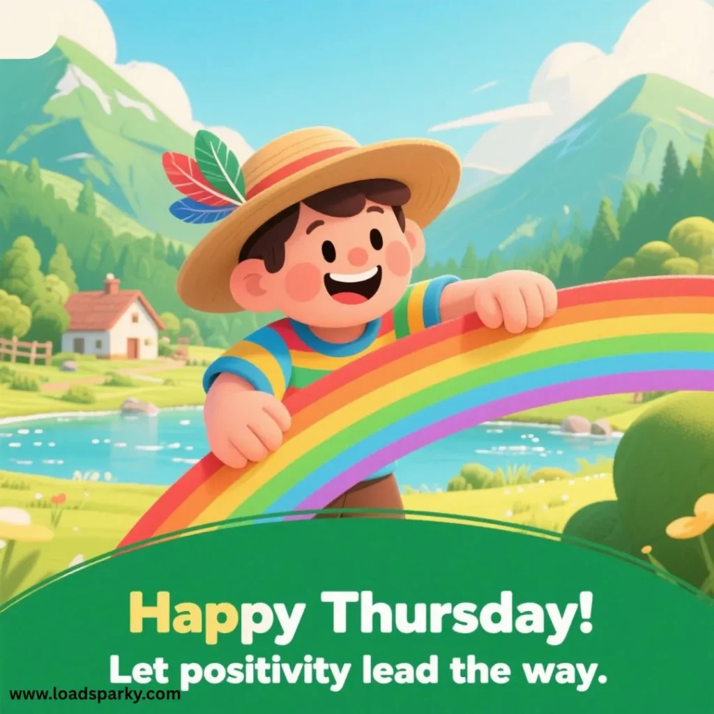 A cheerful boy in a straw hat holds a vibrant rainbow against a scenic landscape, with a friendly message about positivity.