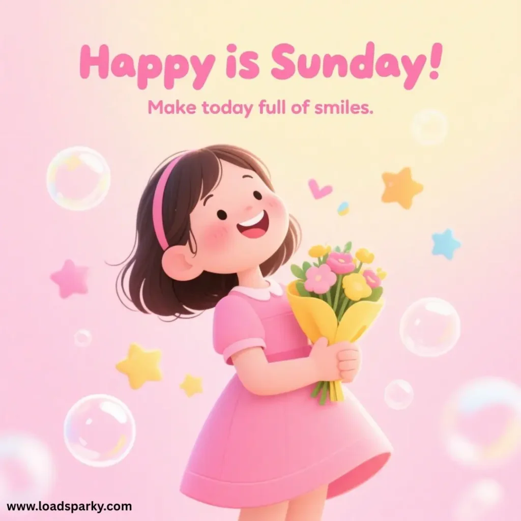 A cheerful cartoon girl in a pink dress holds a vibrant bouquet against a pastel background with stars and bubbles, conveying a joyful Sunday.