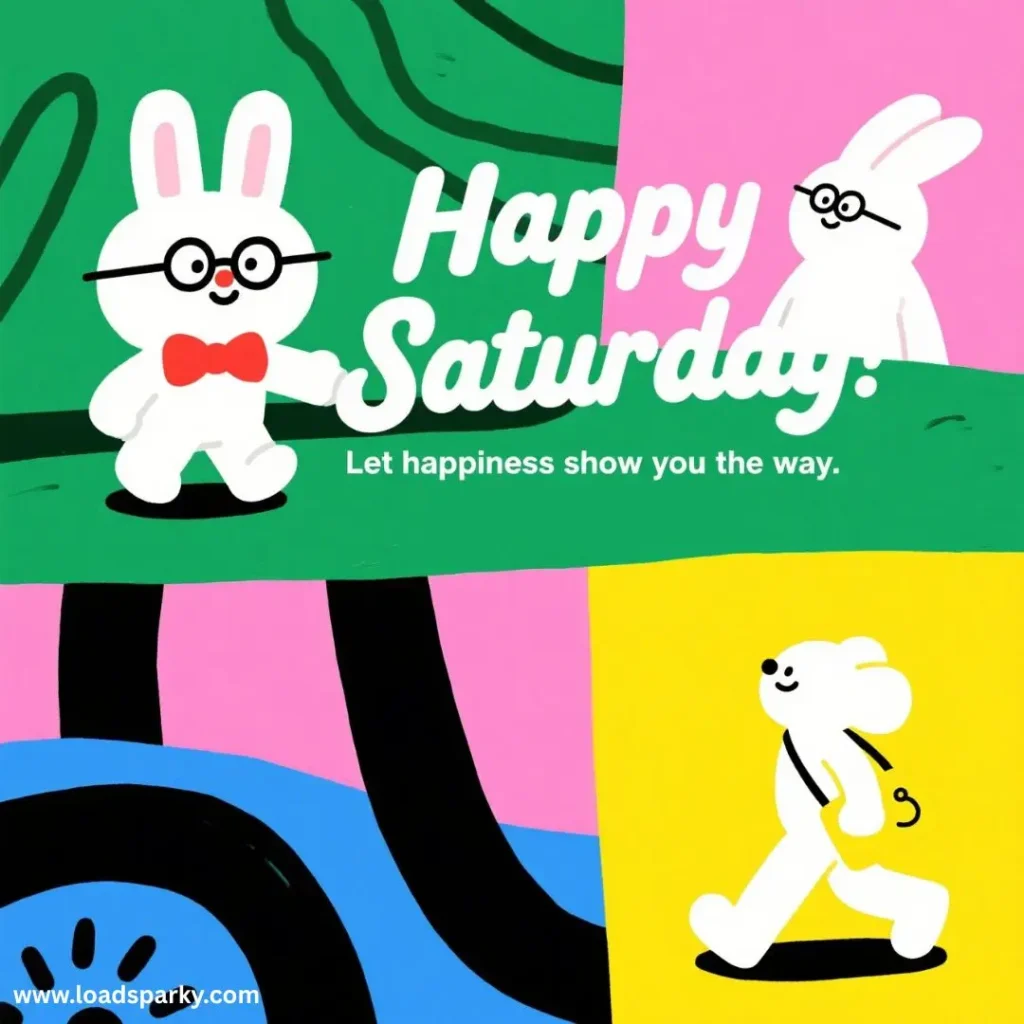A cheerful cartoon rabbit in glasses and bowtie walks under colorful backgrounds with the text Happy Saturday! Let happiness show you the way.