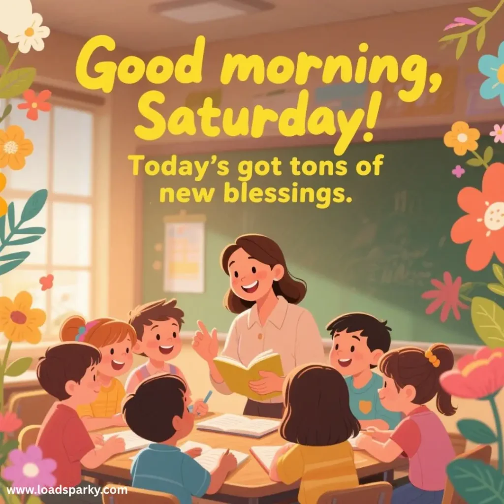 A cheerful classroom scene with children engaged around a table, excited for Saturday's blessings, surrounded by colorful plants and flowers.