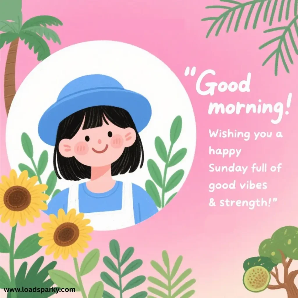 A cheerful girl in a blue hat and shirt smiles amidst sunflowers and greenery, wishing a happy Sunday full of good vibes and strength.