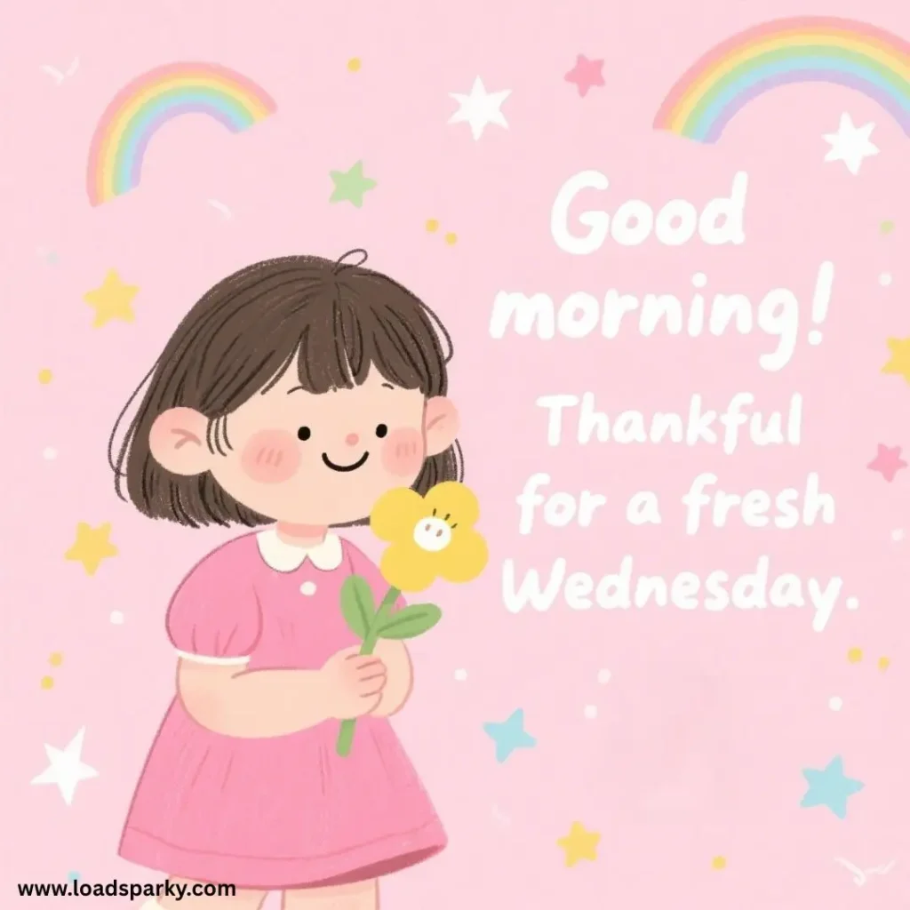 A cheerful girl in a pink dress holds a flower, surrounded by stars and a rainbow, with the message Good morning! Thankful for a fresh Wednesday.