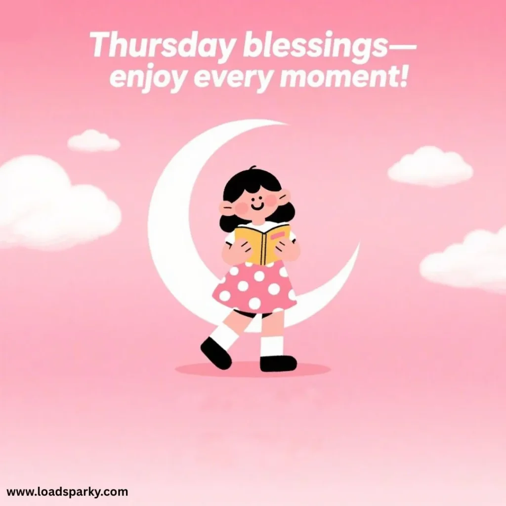 A cheerful girl in a polka dot dress reads a book on a crescent moon against a pink sky with fluffy clouds, celebrating Thursday blessings.
