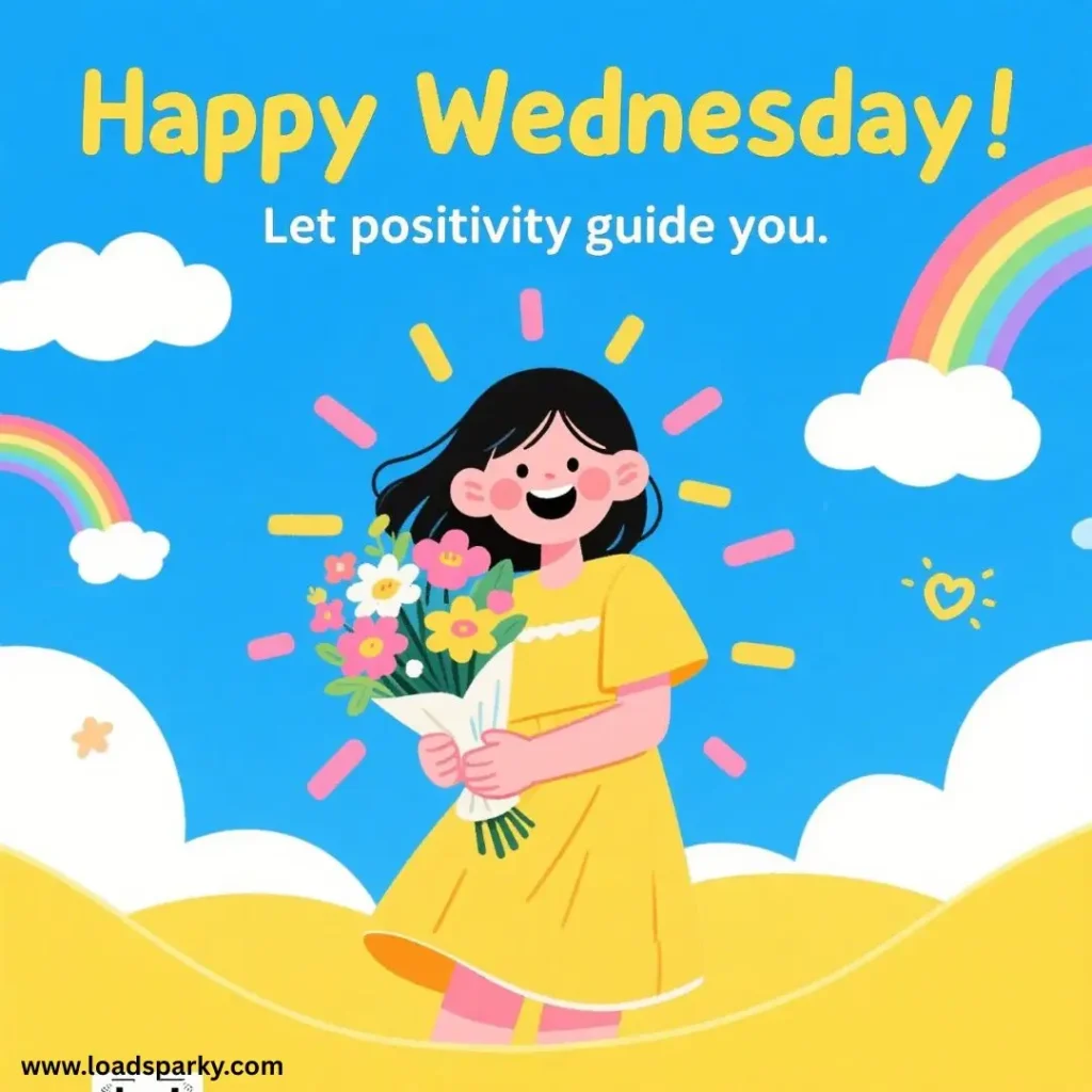 A cheerful girl in a yellow dress holds a bouquet of flowers against a bright blue sky, celebrating a positive Wednesday.