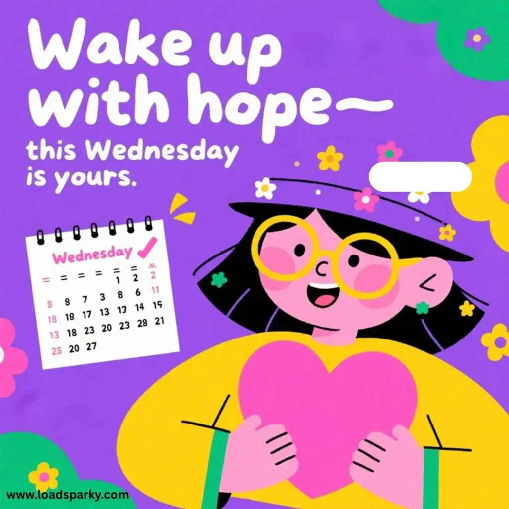 A cheerful girl in a yellow sweater holds a pink heart, celebrating Wednesday with a calendar and flowers on a vibrant purple background.