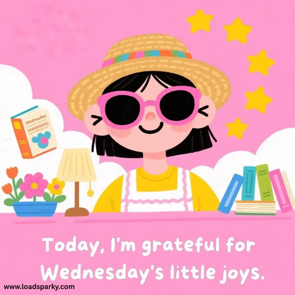 A cheerful girl in sunglasses and a straw hat smiles, surrounded by flowers, books, and clouds, celebrating Wednesday's joys.