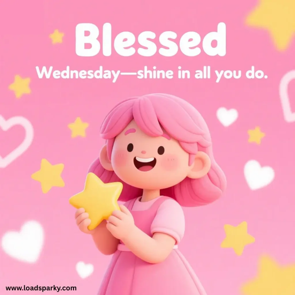 A cheerful girl with pink hair holds a yellow star, surrounded by hearts and stars, with Blessed Wednesday written above.