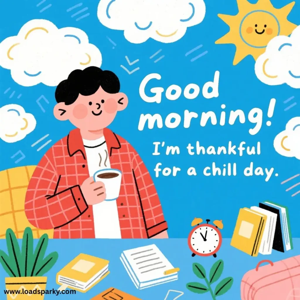 A cheerful person holds a coffee cup with a bright blue background, clouds, and sun, expressing gratitude for a relaxed day.