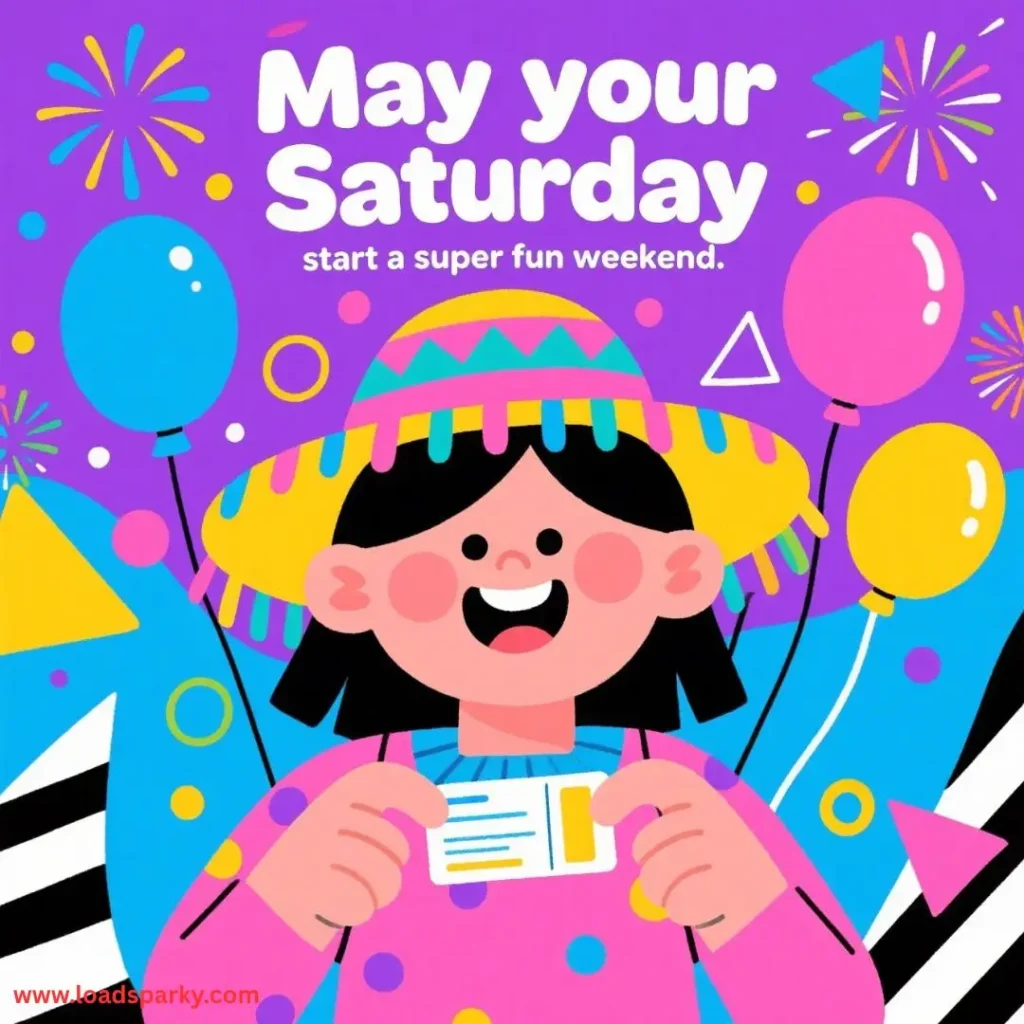 A cheerful person in a colorful outfit holds a ticket, surrounded by balloons and shapes, with May your Saturday start a super fun weekend text.