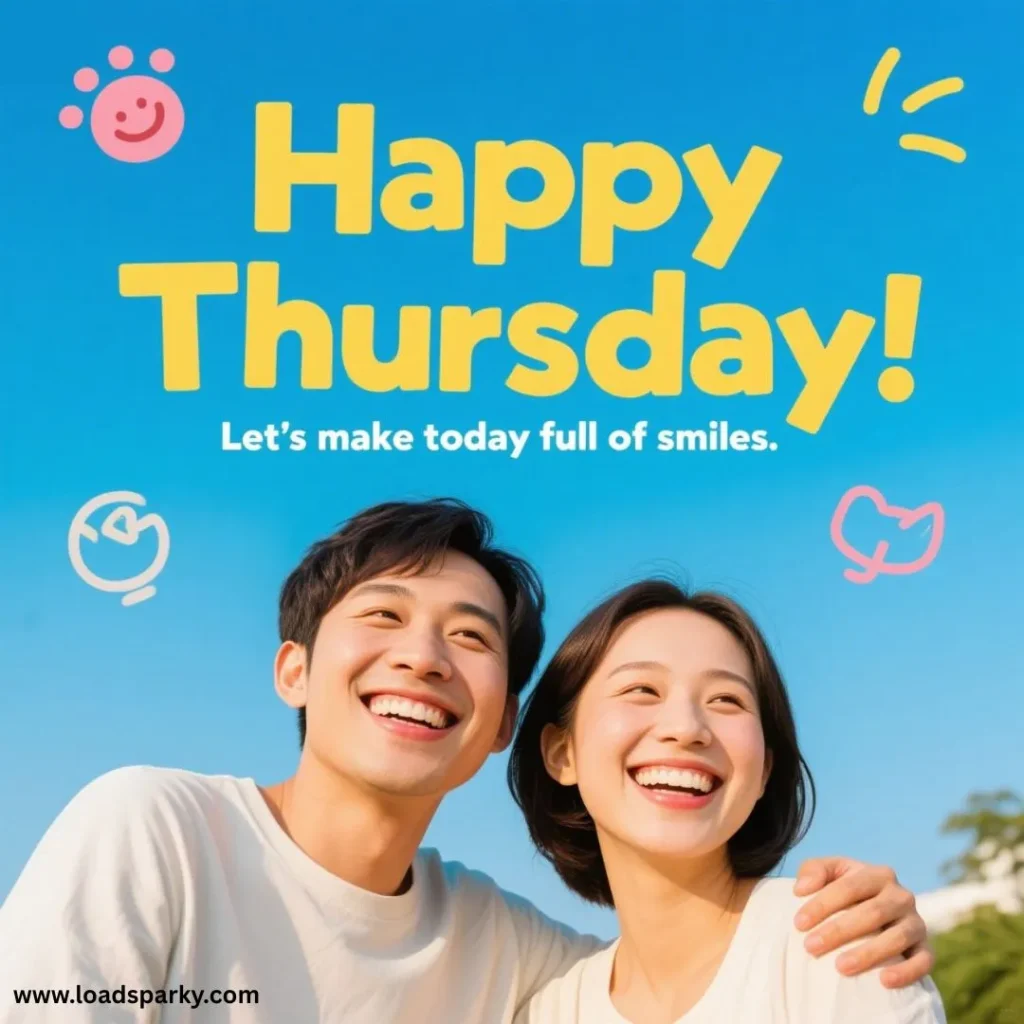 A cheerful scene featuring two people against a bright blue sky, with playful text saying, Happy Thursday! Let’s make today full of smiles!