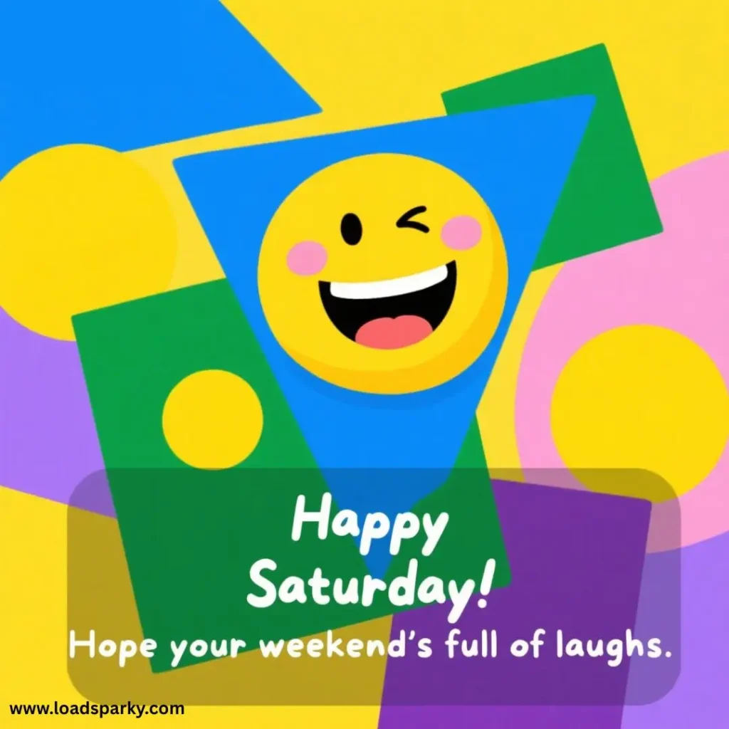 A cheerful yellow smiley face winks amid colorful geometric shapes, with text wishing a happy Saturday filled with laughter.