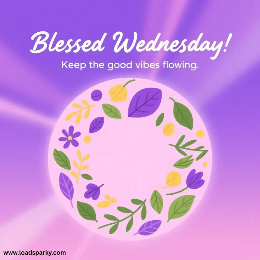 A colorful floral wreath encircles the text Blessed Wednesday! Keep the good vibes flowing on a soft purple background.