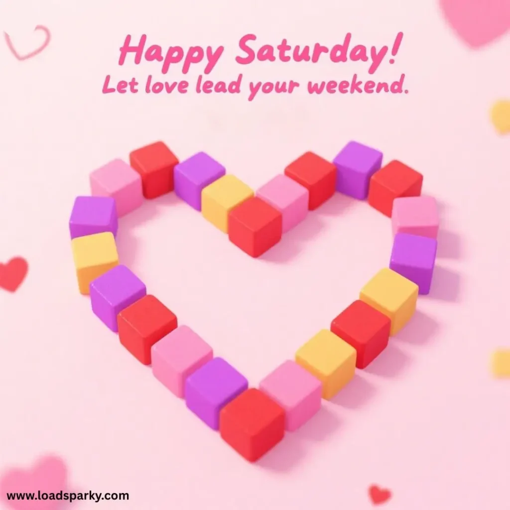 A colorful heart made of small blocks on a pink background, with the text “Happy Saturday! Let love lead your weekend.” above.