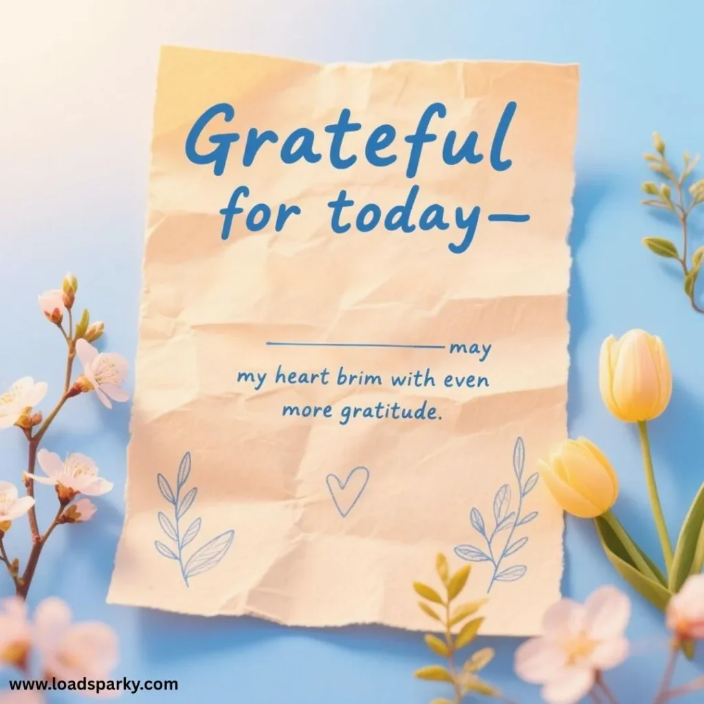 A crumpled note reads Grateful for today—may my heart brim with even more gratitude, surrounded by pastel flowers and leaves.
