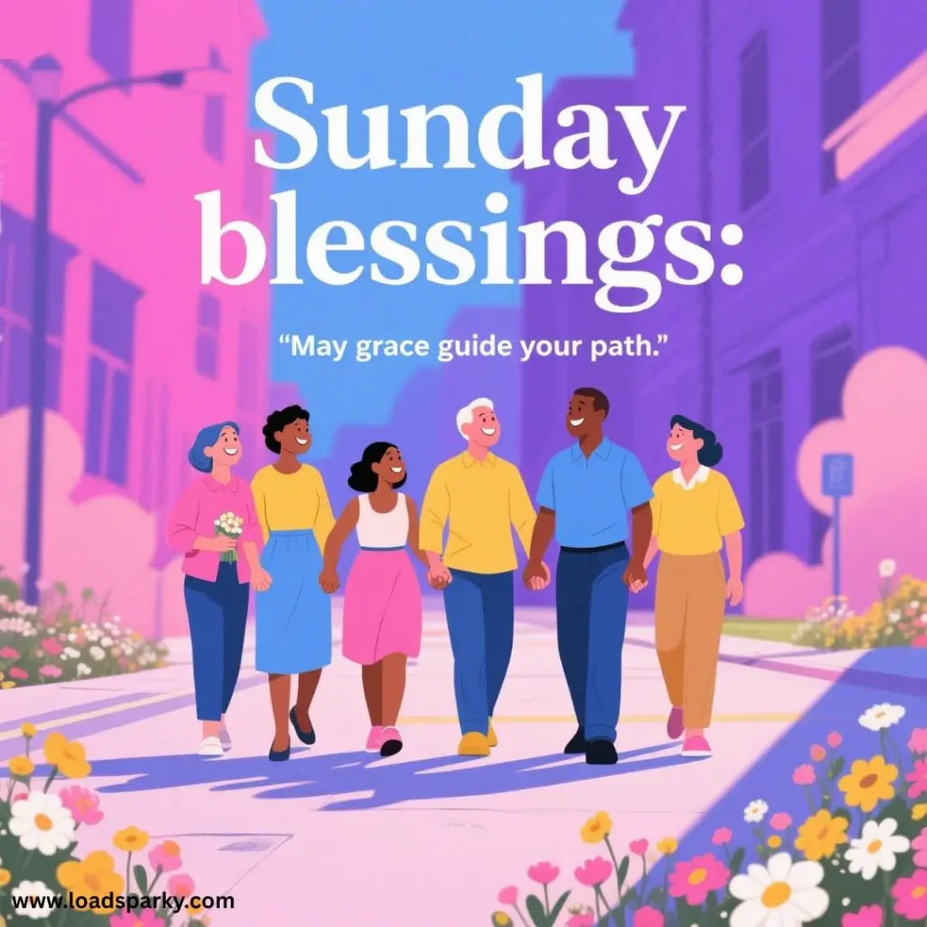 A diverse group of people walks together along a vibrant street adorned with flowers, promoting positivity and community spirit.