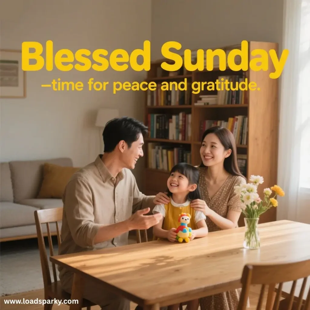 A family enjoys a joyful Sunday gathering at a wooden table, surrounded by soft lighting and a cozy atmosphere, with a toy in the child's hands.