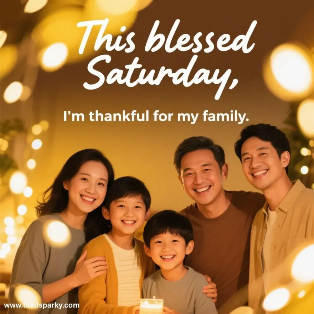 A family of five gathers together with warm lighting in the background, expressing gratitude for their bond on a blessed Saturday.