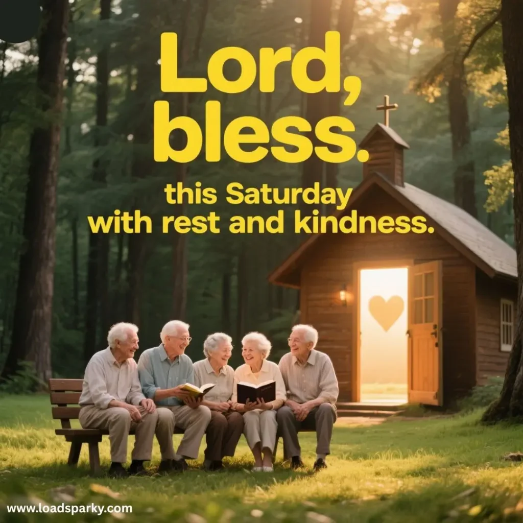 A group of elderly individuals sits together on a bench in a serene forest, with a cozy cabin in the background.