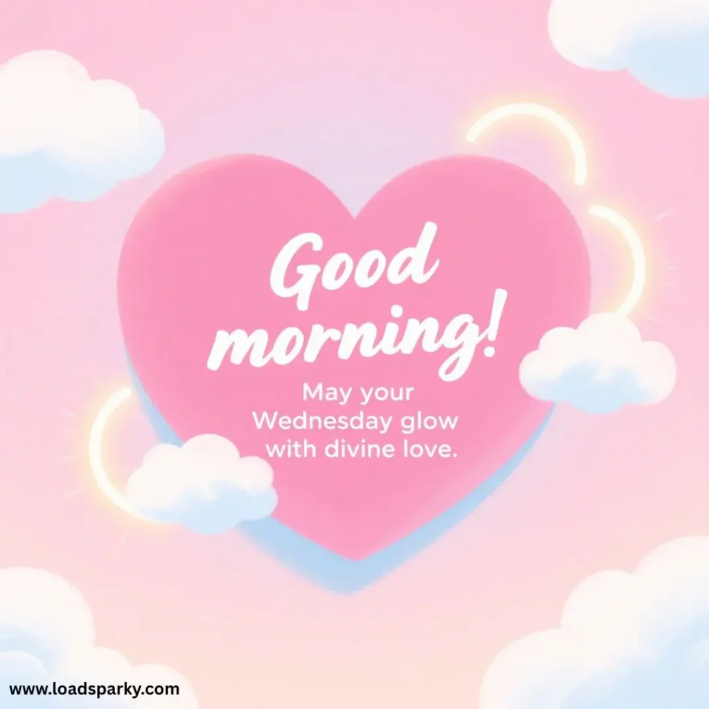A heart on a pink background with clouds, featuring the text Good morning! May your Wednesday glow with divine love.