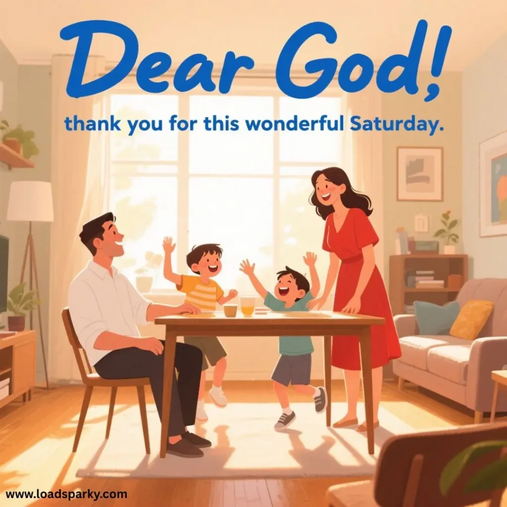 A joyful family gathers around a table, celebrating Saturday with laughter and drinks, sunlight streaming through the window.