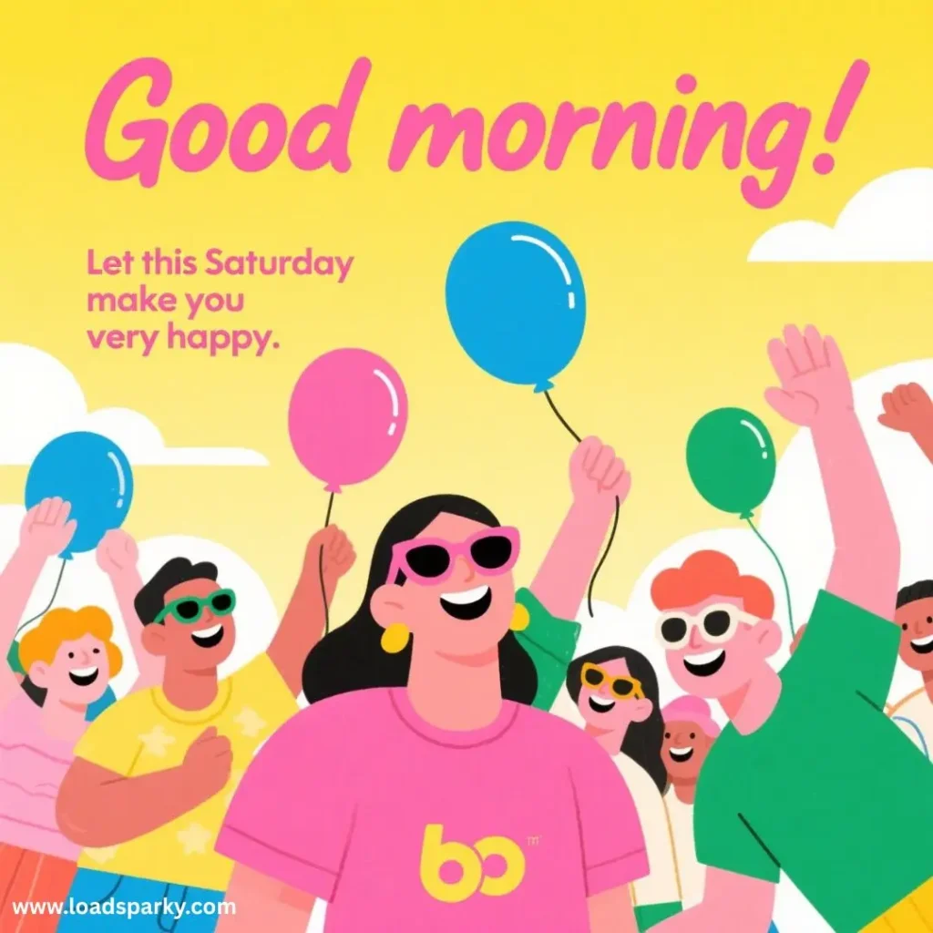 A lively group of people cheerfully celebrating with colorful balloons under a bright, sunny sky, accompanied by cheerful text.