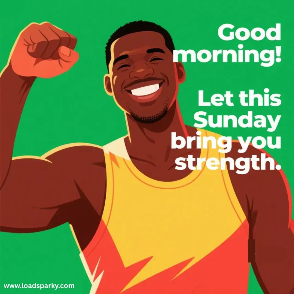 A muscular figure raises a fist against a bright green background, with the text Good morning! Let this Sunday bring you strength.