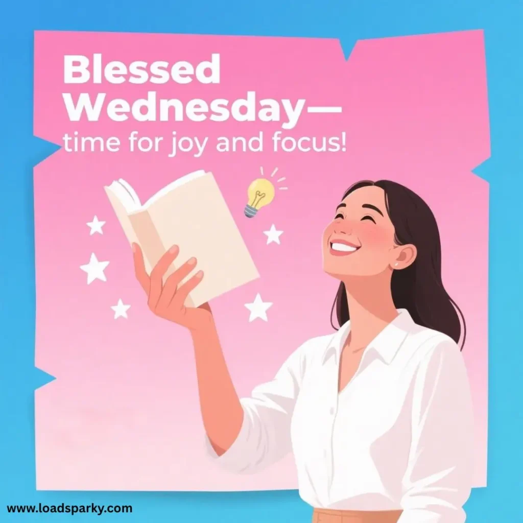 A person holds an open book against a colorful background, conveying a message of joy and focus for a blessed Wednesday.